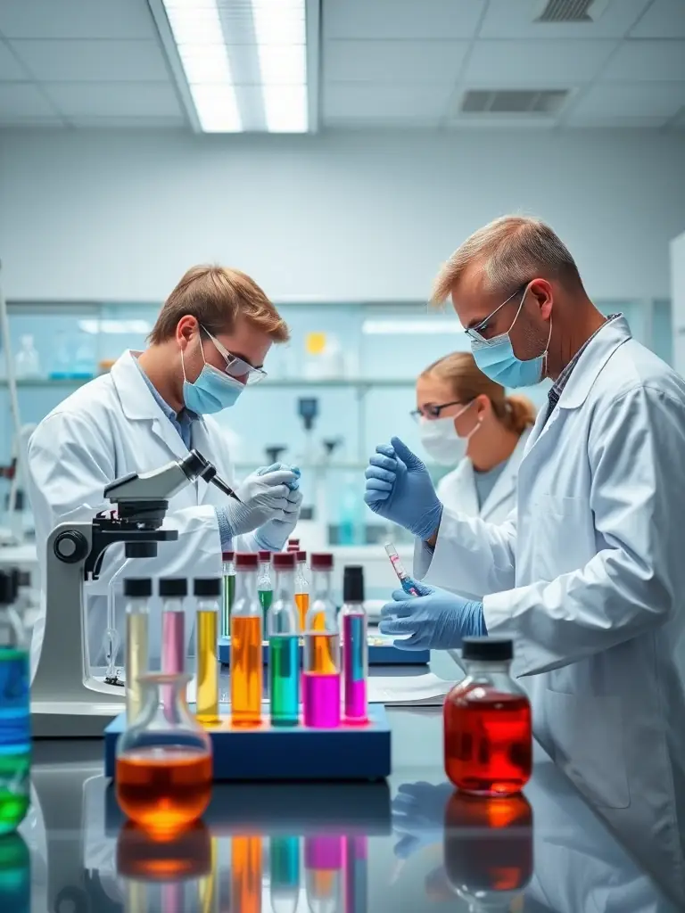 A laboratory in a Chinese e-liquid manufacturing facility, with scientists testing and analyzing e-liquid samples to ensure flavor consistency and safety.