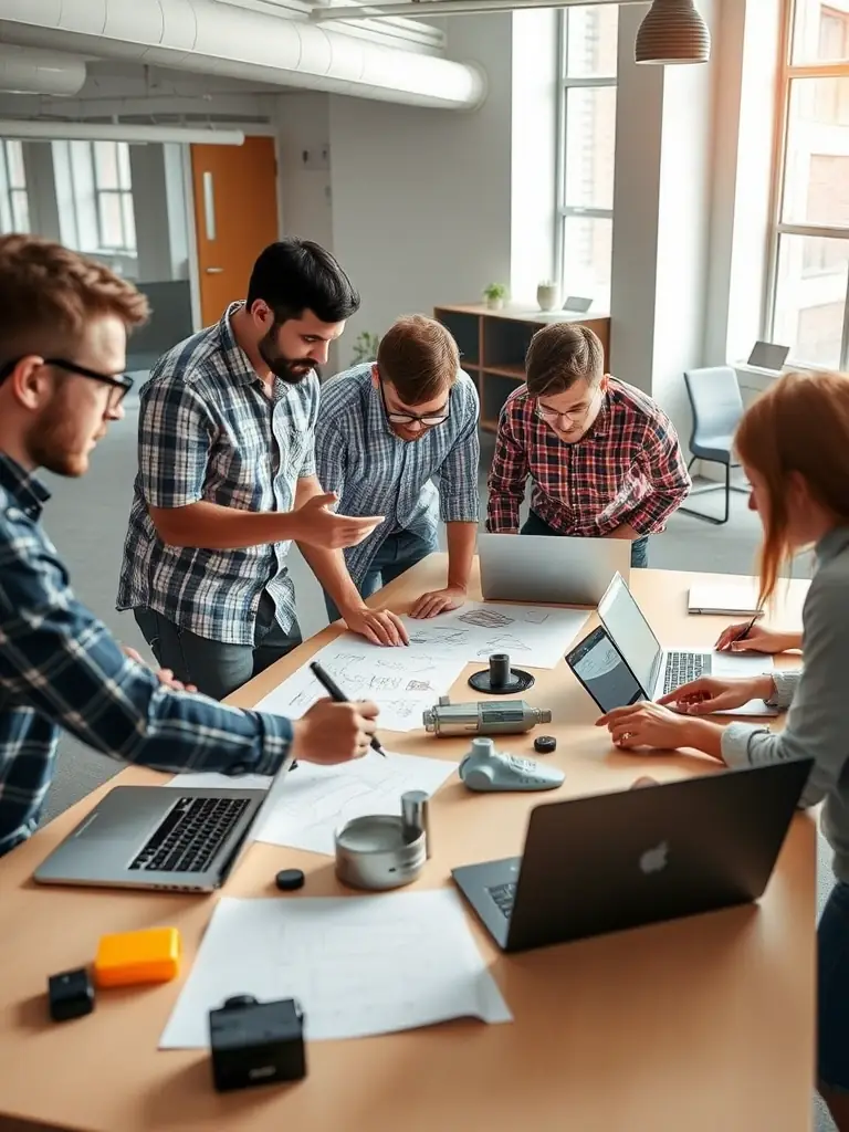 A photograph of a diverse team of engineers and designers collaborating on a new vape product design, showcasing China Ecigator's ability to provide comprehensive product development and customization services for vape brands.