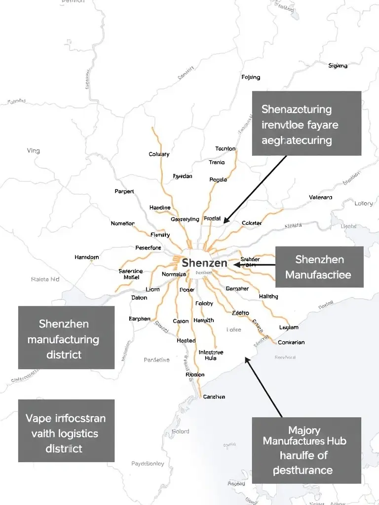 A map of Shenzhen, China, highlighting key manufacturing zones and logistics hubs for the vape industry.