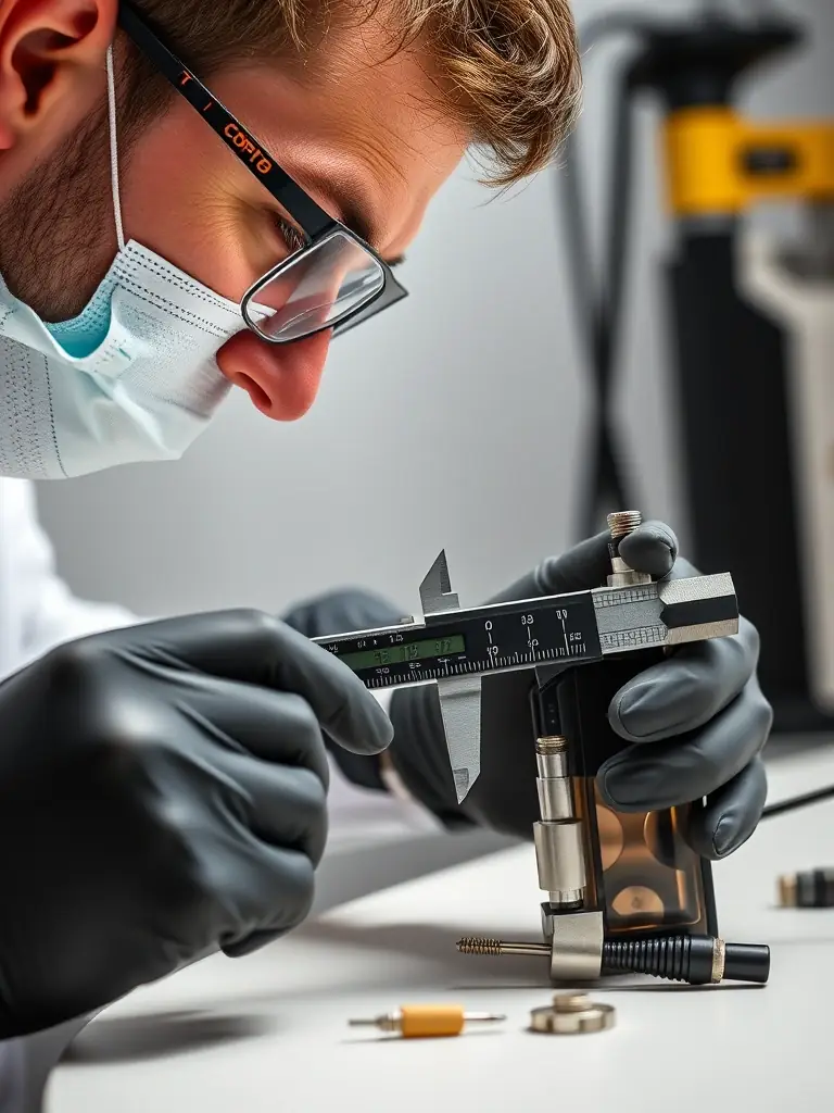 A detailed close-up shot of a quality control technician inspecting a vape device with precision instruments, highlighting the rigorous quality assurance processes implemented by China Ecigator to guarantee product reliability and safety.