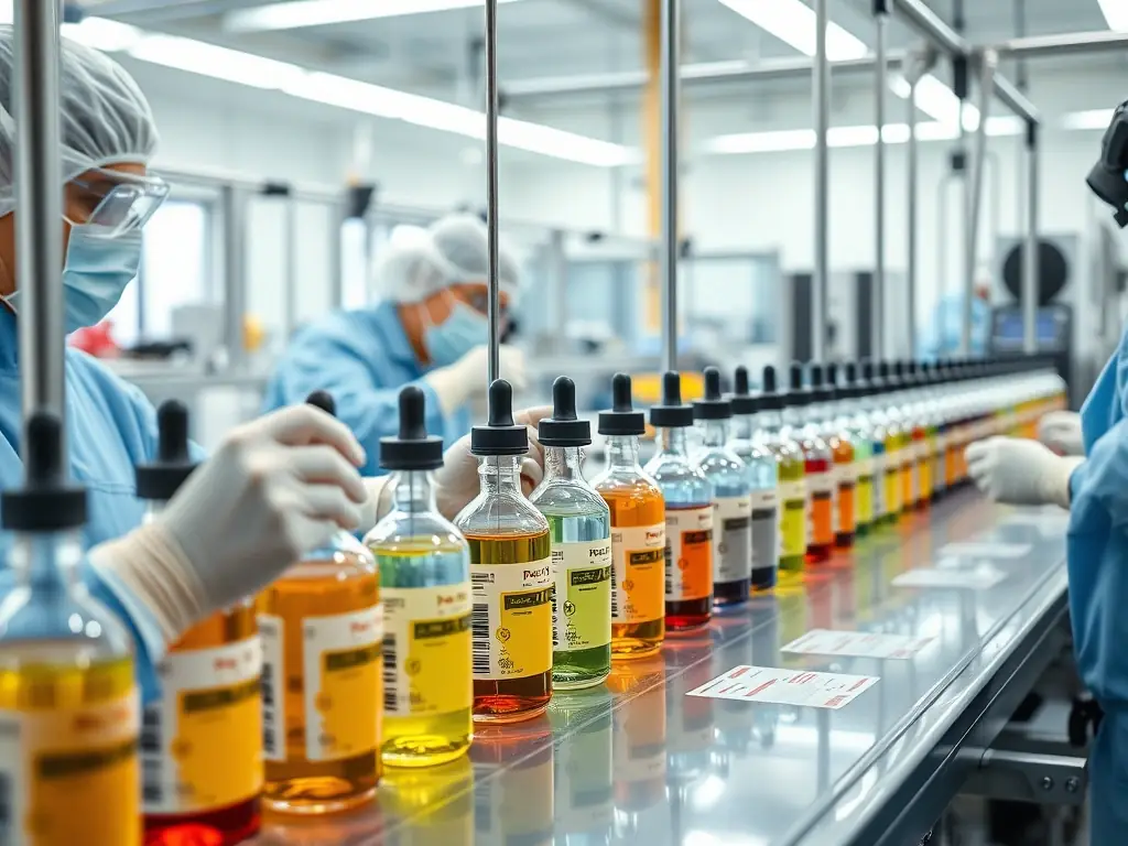 A variety of e-liquid bottles being filled and labeled in a sterile environment at a Shenzhen e-liquid manufacturing facility, emphasizing quality and safety.