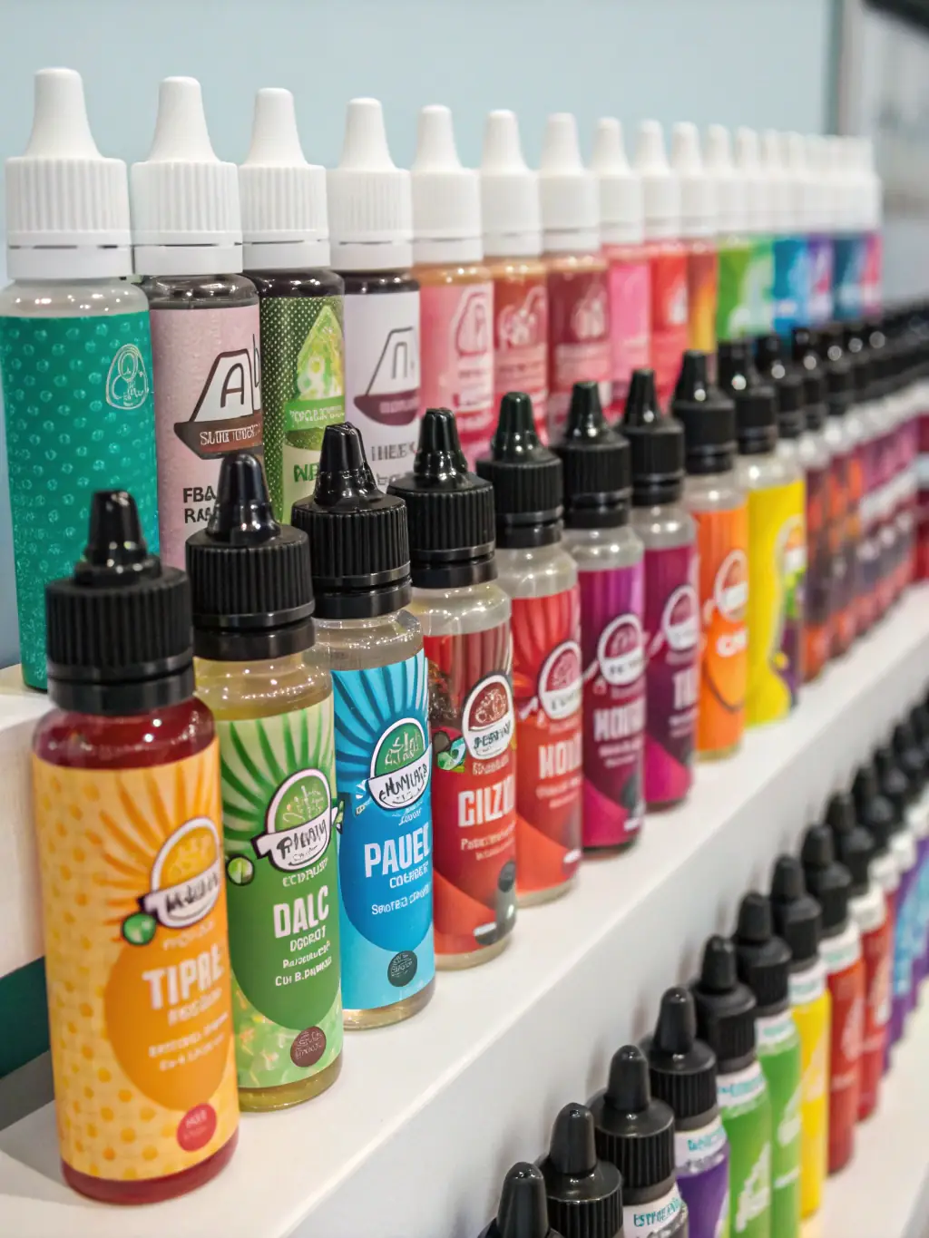 An image displaying a variety of e-liquid bottles with different flavors and packaging, emphasizing the diverse e-liquid manufacturing capabilities within the China Ecigator network.