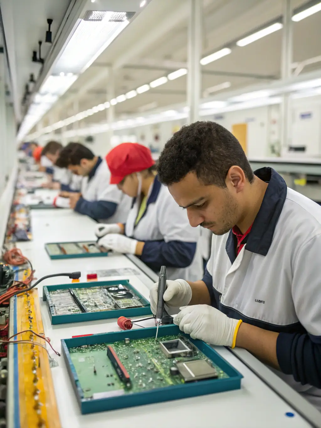 A detailed shot of a pod system assembly line, showcasing the intricate components and the careful assembly process involved in creating high-quality pod systems.