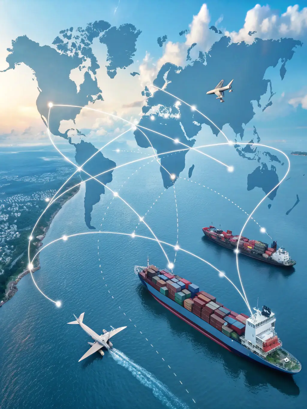 A world map highlighting key shipping routes and logistics hubs for vape products, with icons representing different modes of transportation.
