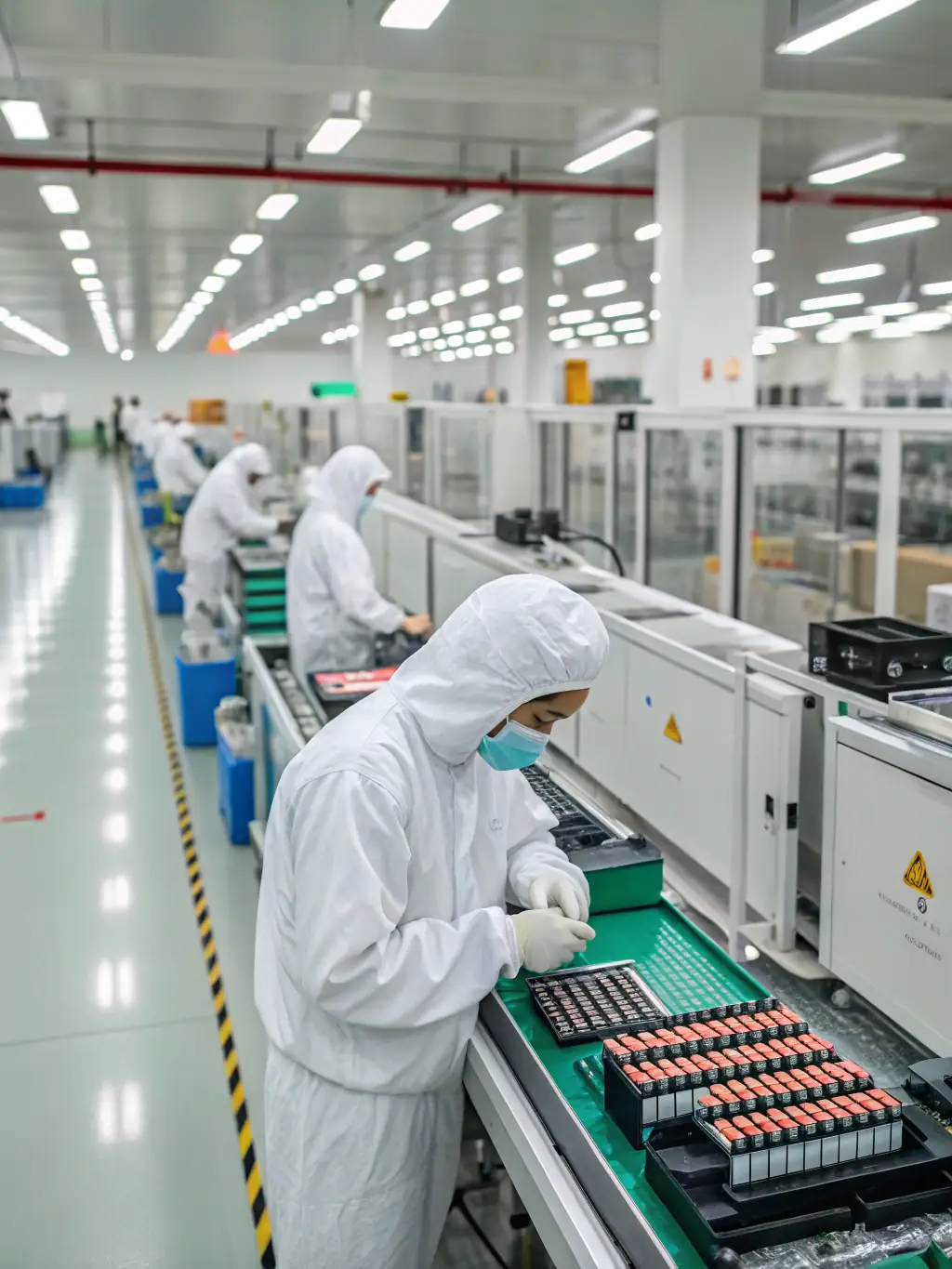 A wide shot of a modern vape factory in Shenzhen, showcasing advanced machinery and a clean, organized production line. Workers are wearing protective gear, emphasizing the focus on safety and quality.